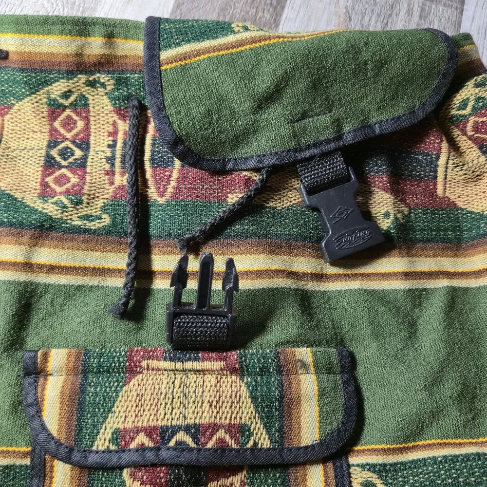 Unbranded OS Vintage Baja Woven Tapestry Backpack Boho Aztec Green Maroon - Picture 8 of 10